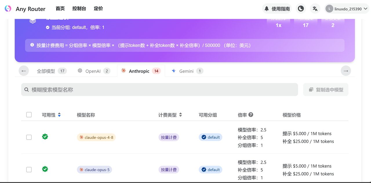Any Router 控制台的模型倍率与价格