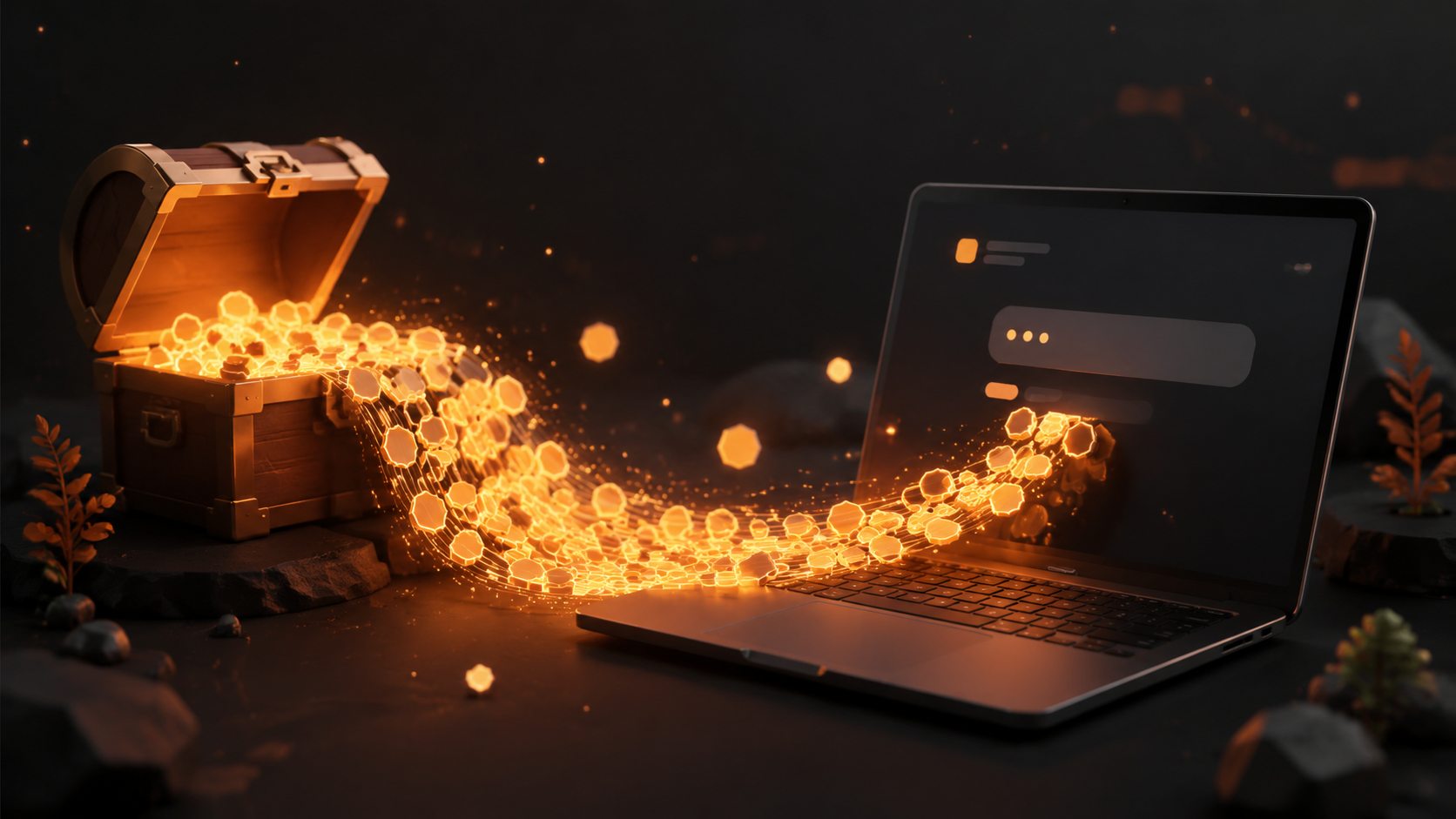 发光的金色 Token 从敞开的宝箱流进笔记本电脑上的 AI 对话界面