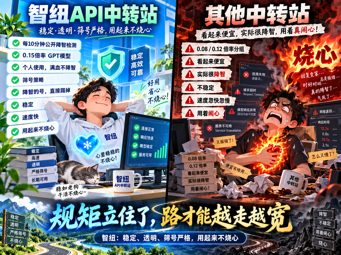智纽 API 中转站与其他中转站的宣传对比图：稳定、透明、筛号严格，用起来不烧心